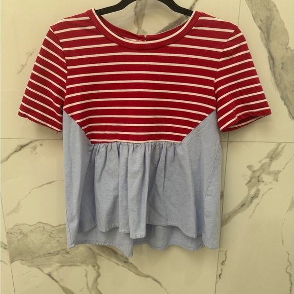 Anthropologie Elis Peplum Top Red and Light Blue Striped Short Sleeve Top - Picture 2 of 6